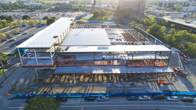Aerial construction image of the Detroit Pistons Performance Center