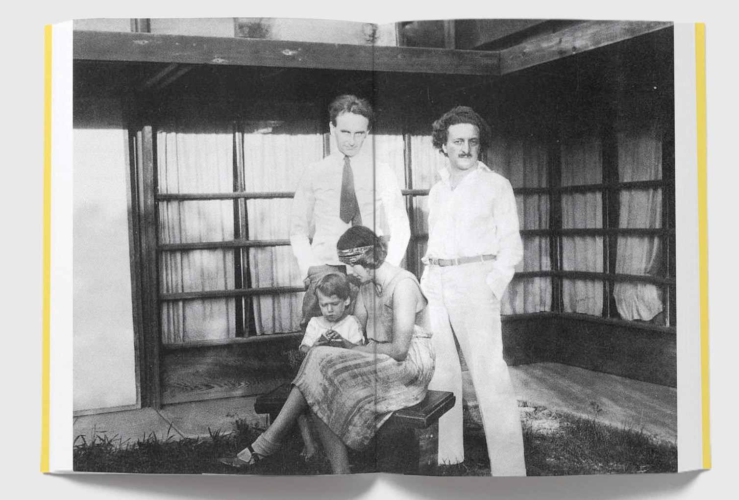 Interior book spread of a family in black and white