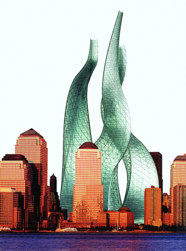 Rendering of twisting glass towers designed by michael sorkin