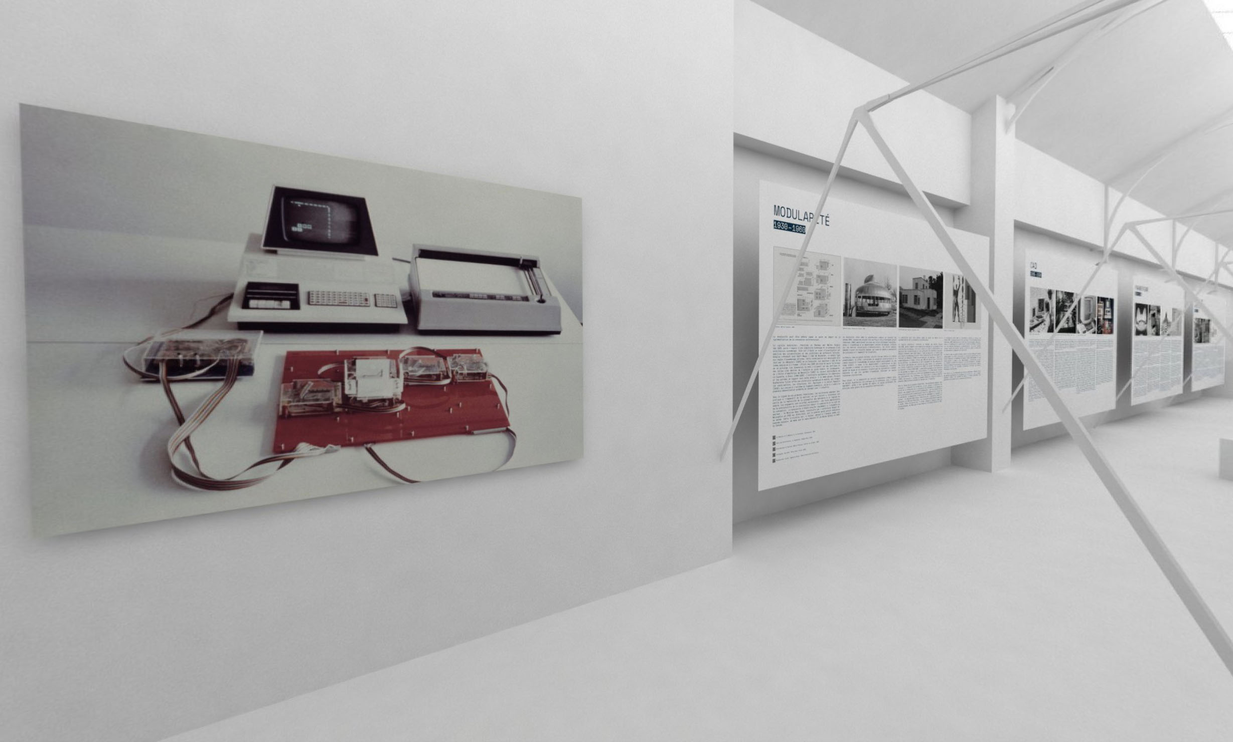 all-white interior with images and text on the wall, part of Artificial Intelligence & Architecture