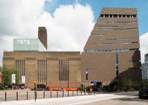 The Tate Modern, home of the Turner Prize, and a triangular brick building