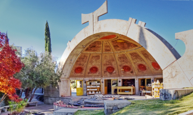 A dome at Arcosanti with a symbol on top