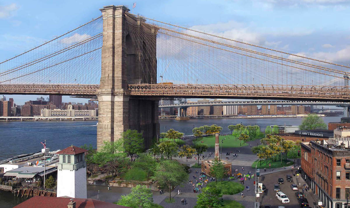 an illustration of brooklyn bridge park, with the site of Brooklyn Bridge Plaza underneath the brudge