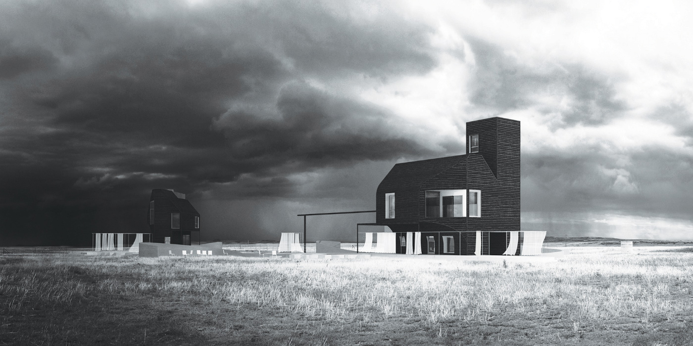 Black and white rendering of two farmhouses in a field