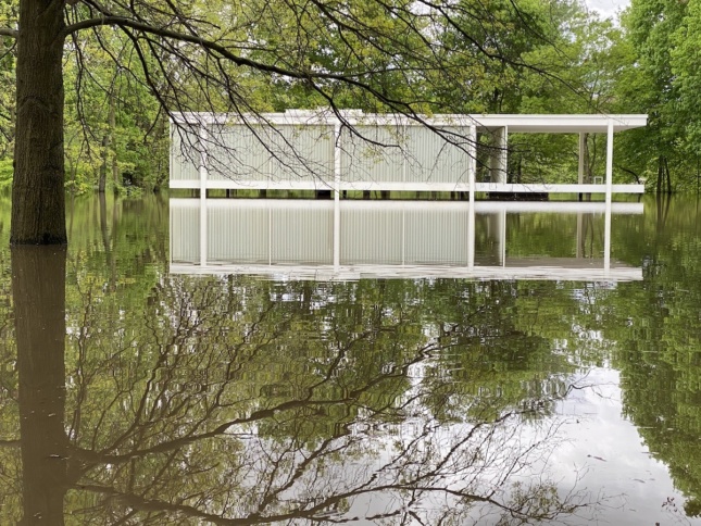 The Farnsworth House in Illinois surrounded by floodwaters