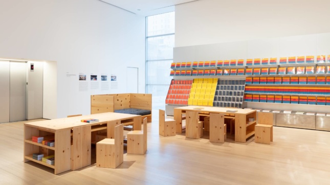 A reading room with plywood materials in the MoMA