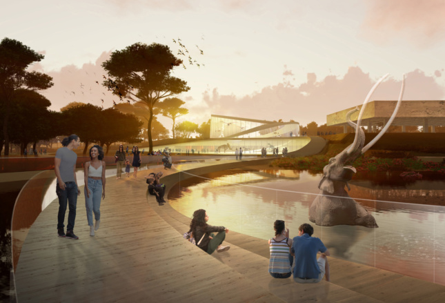 Rendering of the La Brea Tar Pits, with a mammoth sinking into a pit