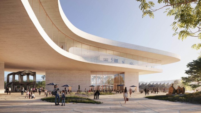 Rendering of the new LACMA, a curving building with 2 shelves