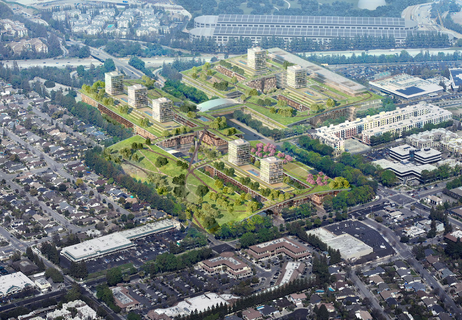 An illustration of a mixed-use redevelopment project with a green roof