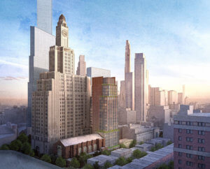 A rendering of the Brooklyn Music School with a tower next to it