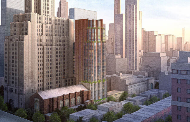 Rendering of a copper and wire-cut brick-clad tower