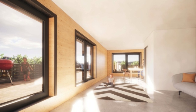 Interior rendering of a timber housing project