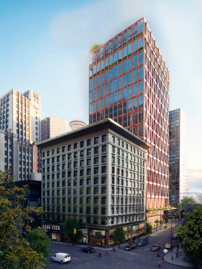 Illustration of a planned office tower for 601 W Pender St in Vancouver