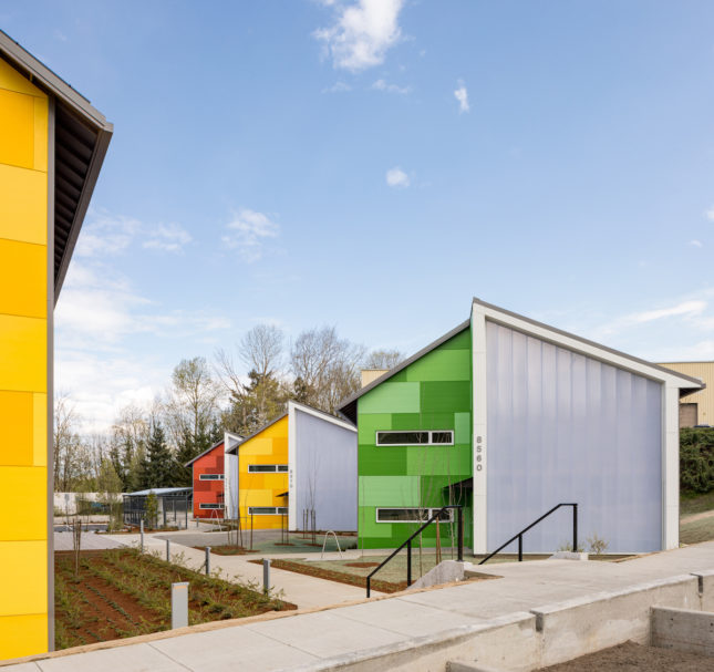 A collection of colorful low-income housing