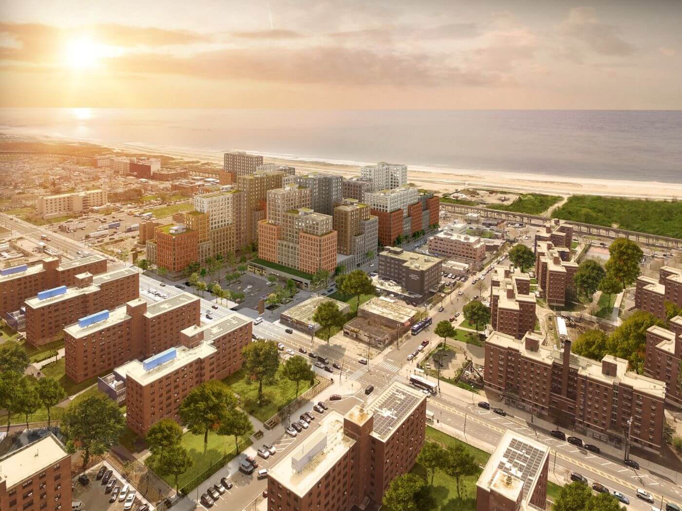 Aerial rendering of an affordable housing complex
