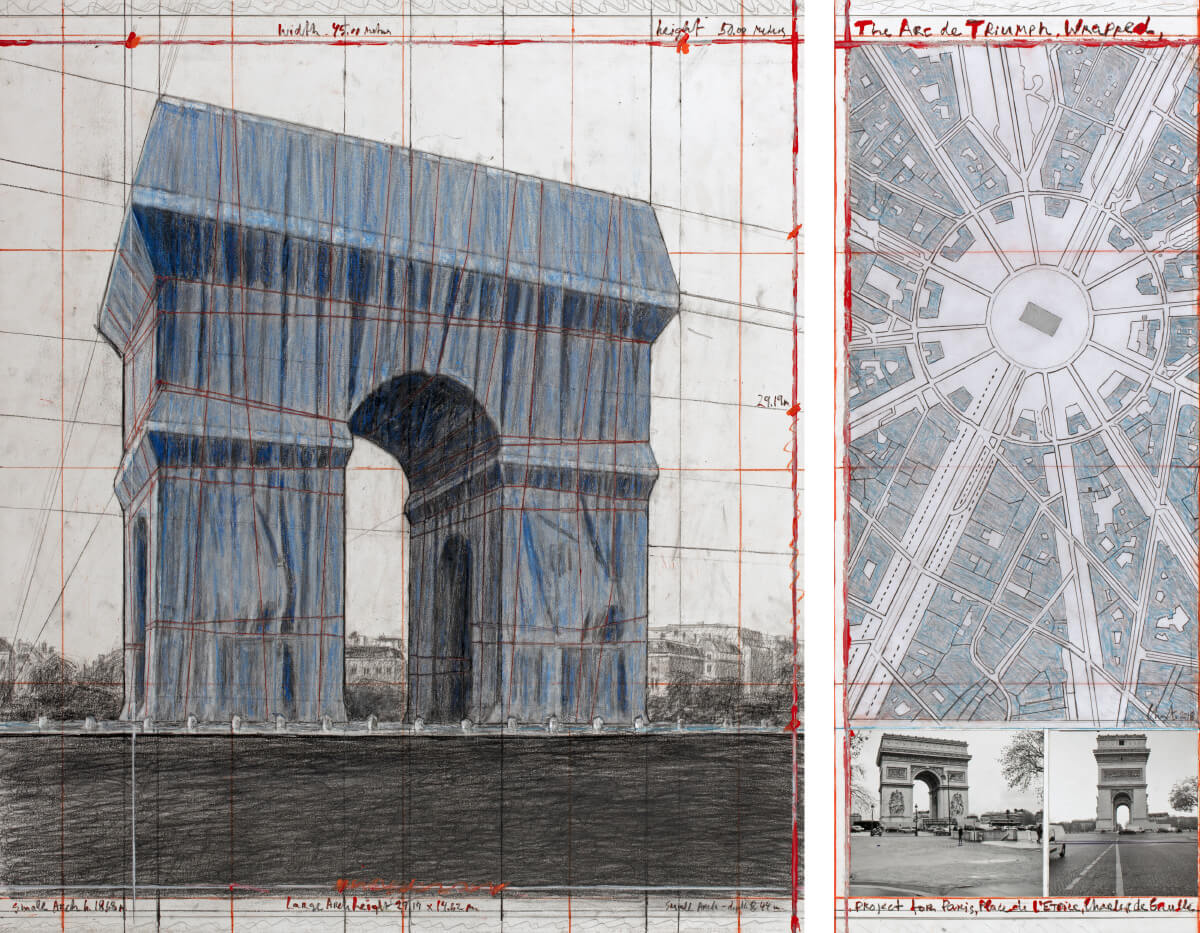 Drawing of the Arc de Triumph wrapped in fabric by Christo