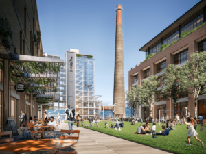 an illustration of a redevelopment project at a san francisco's old Potrero Power generating Station, complete with smokestack