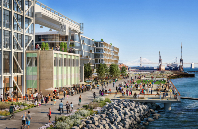 an illustration of a lively waterfront scene on a redeveloped industrial site in san francisco
