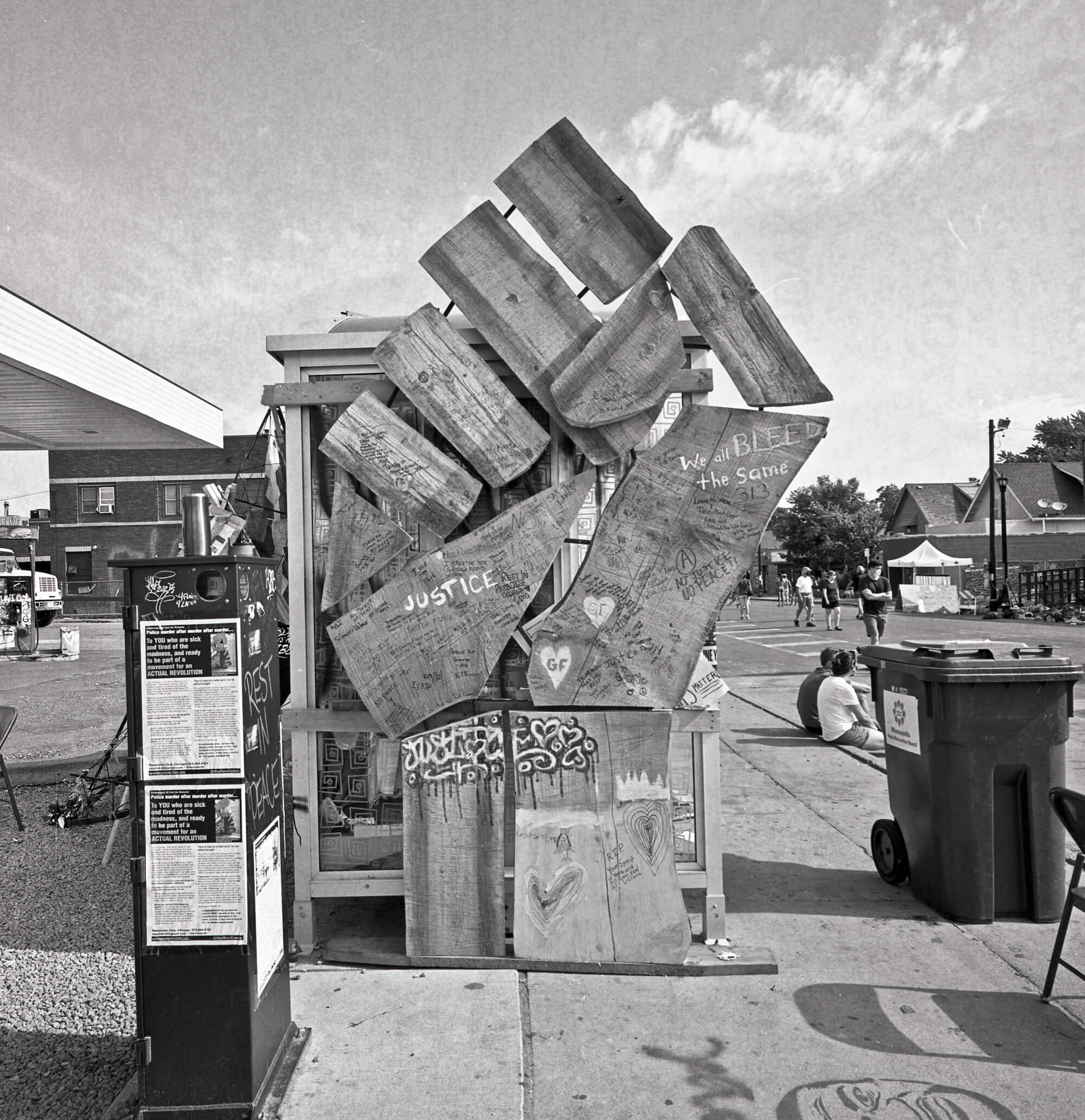A wooden fist sculpture in Minneapolis, in tribute to George Floyd