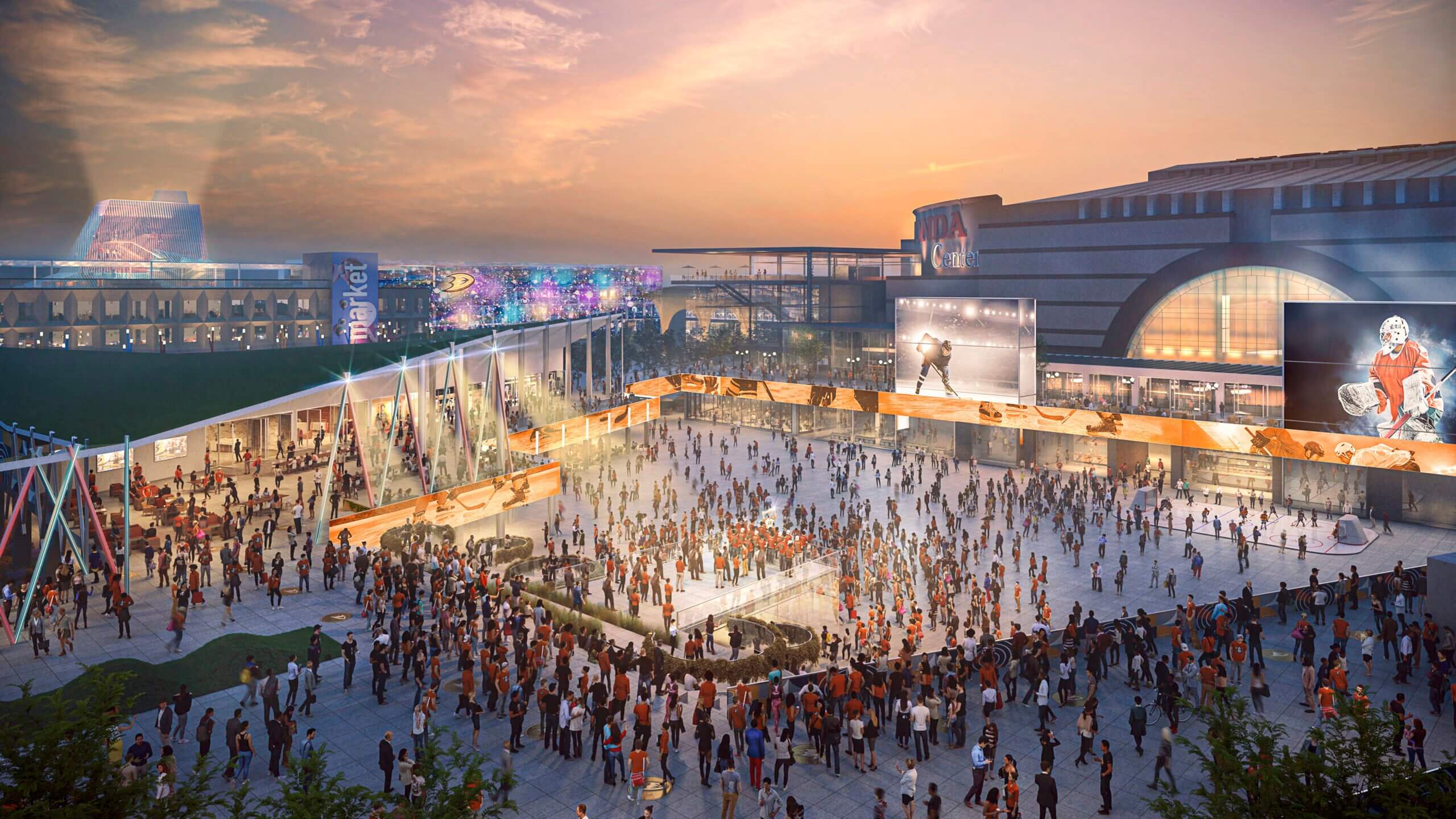Rendering of a big public plaza at the Honda Center