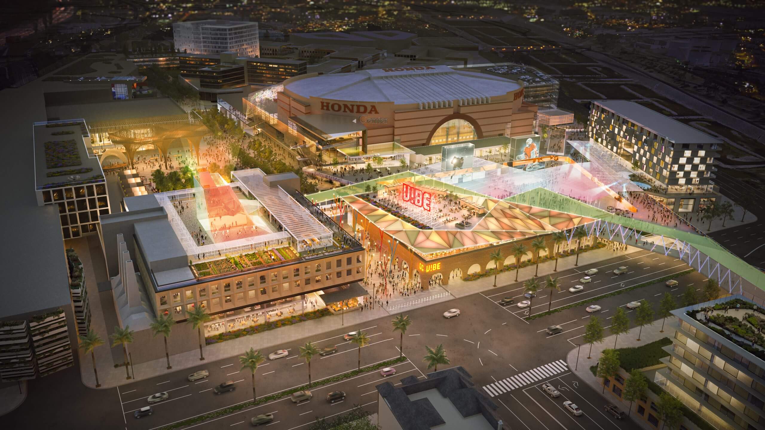 Aerial rendering of the new Anaheim Ducks stadium area