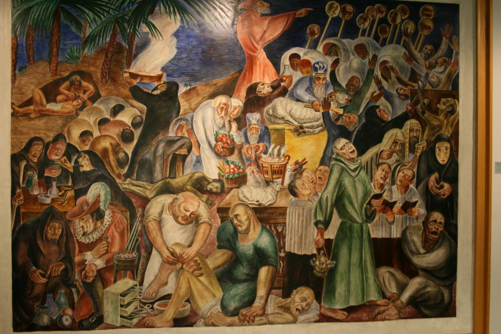 A mural depicting superstitious traditions in medicine before rational intervention