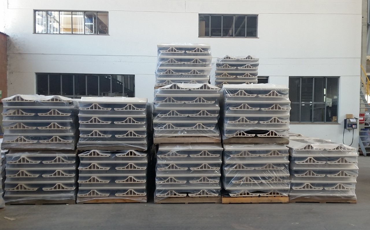Image of the facade panels packed and ready to be shipped