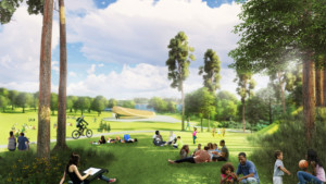 Rendering of a park designed by West 8 with people scattered about