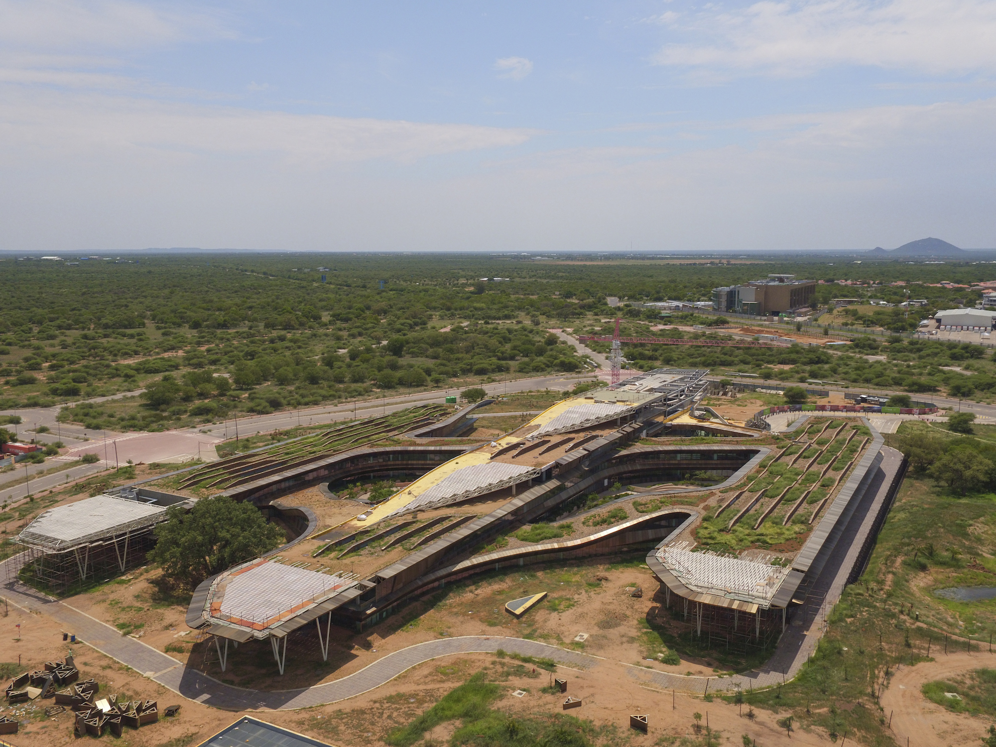 Aerial image of the Botswana Innovation Hub and its spaceship-like form