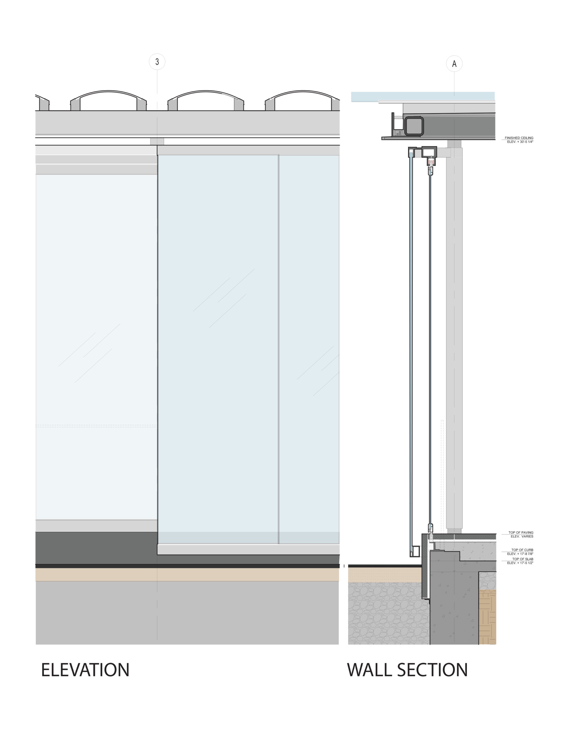 A detailed elevation and section of the pavillion's oversize glass doors.