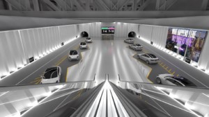 Rendering of a grey metal boring company station, as revealed by elon musk