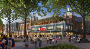 Rendering of the new Islanders arena, with a UBS sign outside