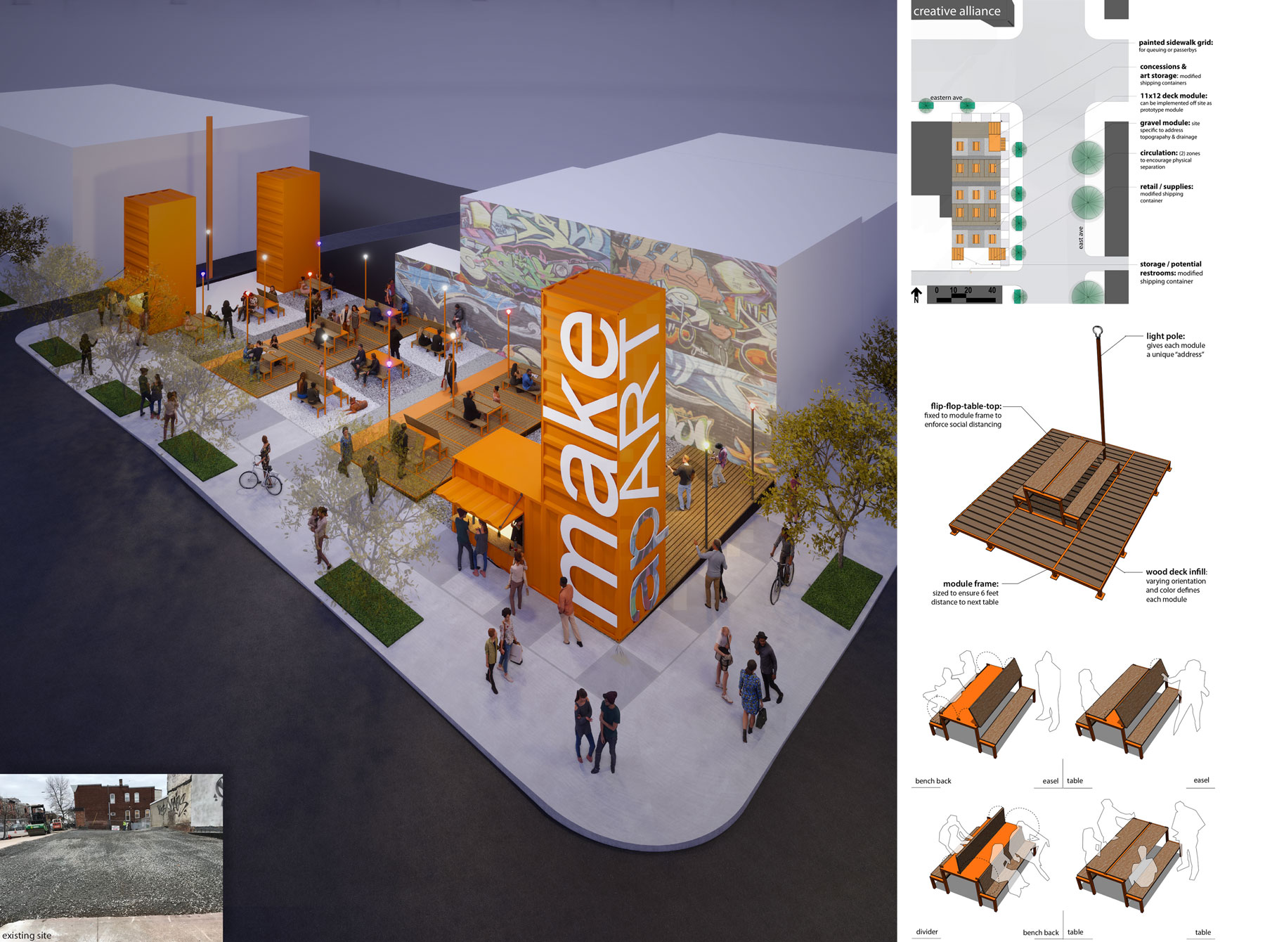 Rendering of a streetscape with orange containers
