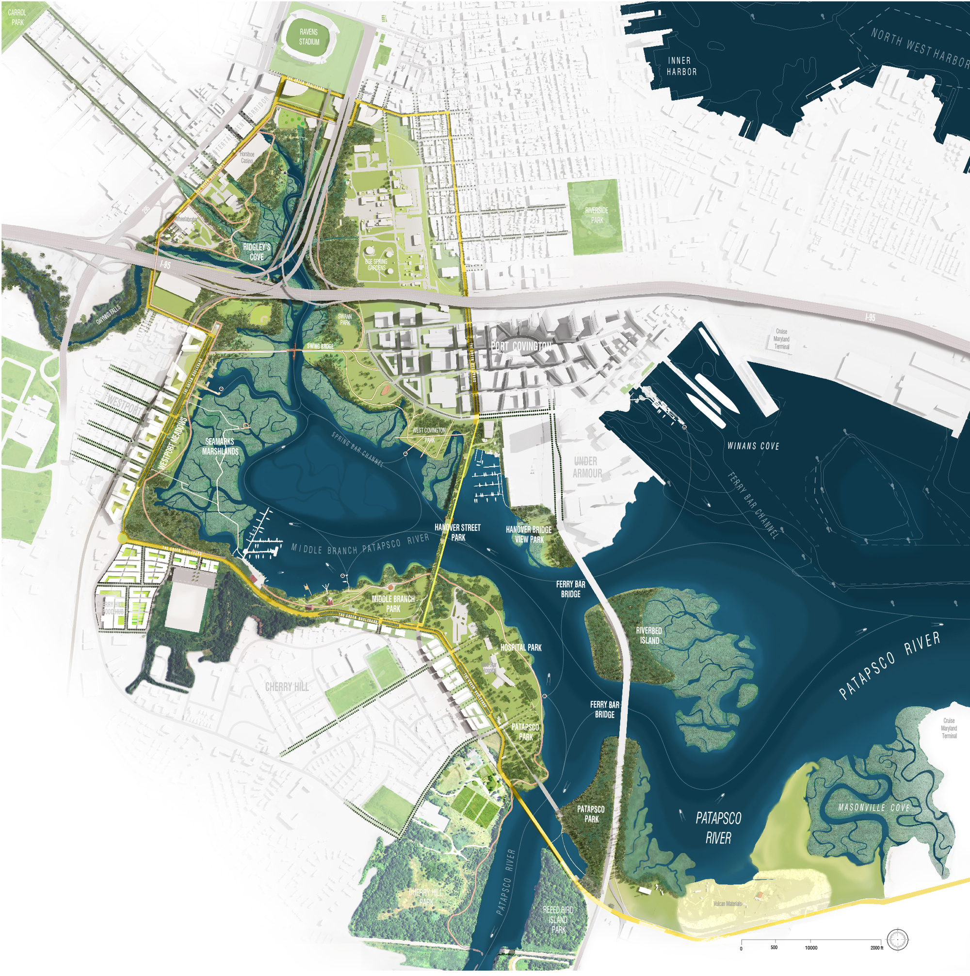 A diagram of Baltimore's swampy waterfront