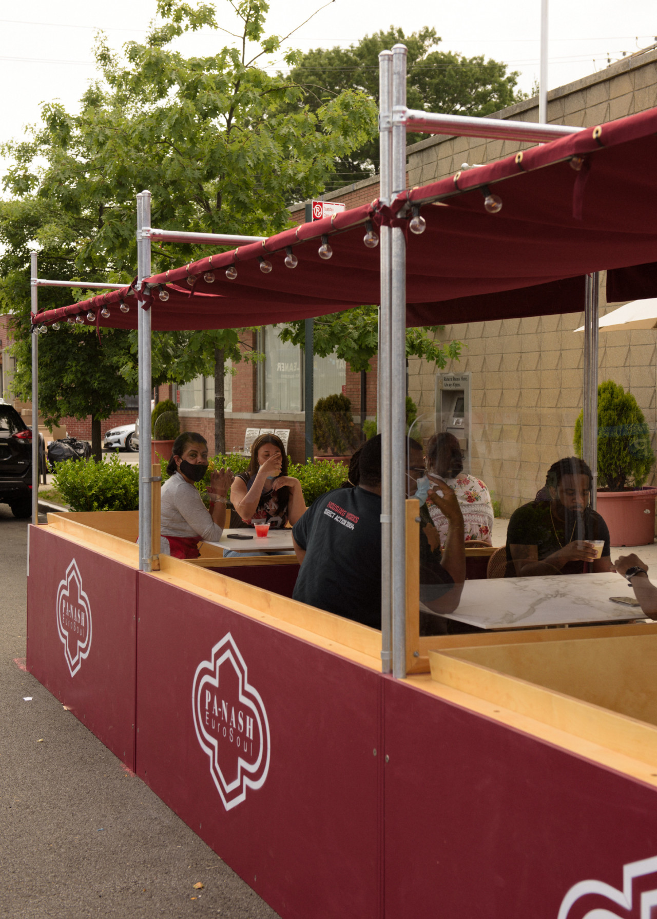 Red outdoor dining booths