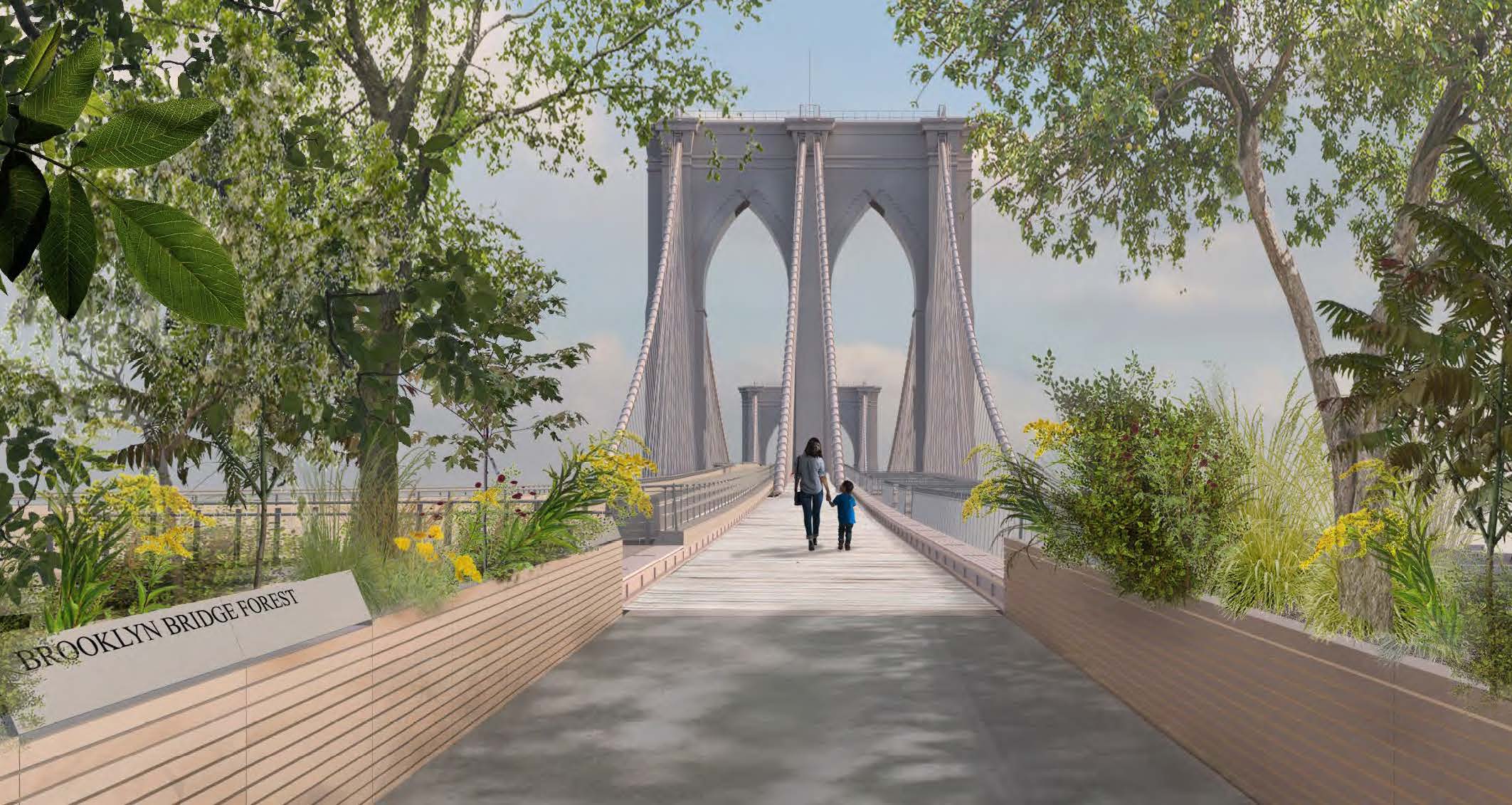 rendering of a design proposal for a revamped Brooklyn Bridge walkway