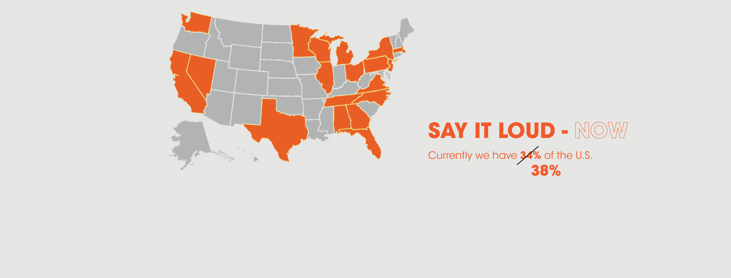 A map of the US with 19 states in orange