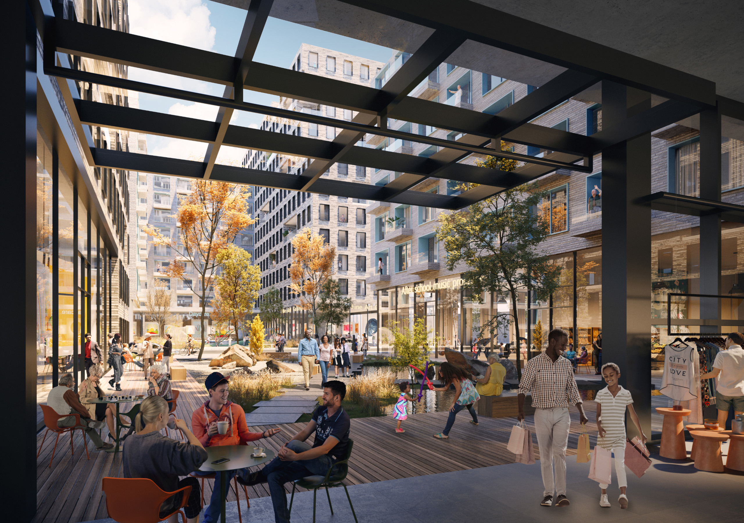 Rendering of a plaza with outdoor retail