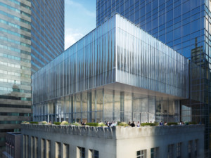 Rendering of a textured glass volume above a limestone-clad building in New York atop the Tiffany headquarters