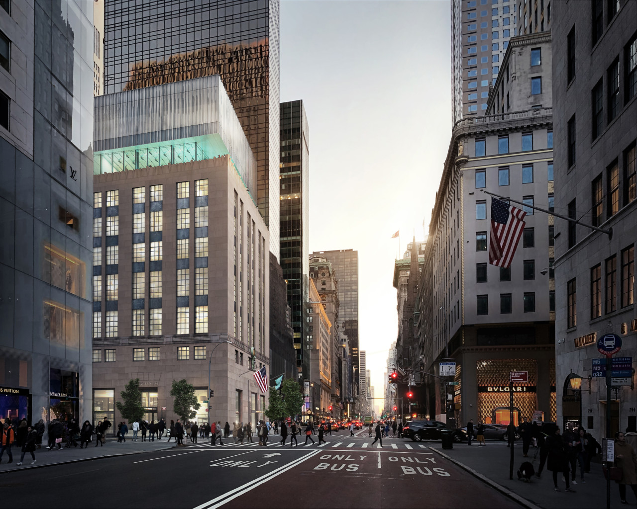 Street view rendering of a textured glass volume above a limestone-clad building in New York, the Tiffany headquarters
