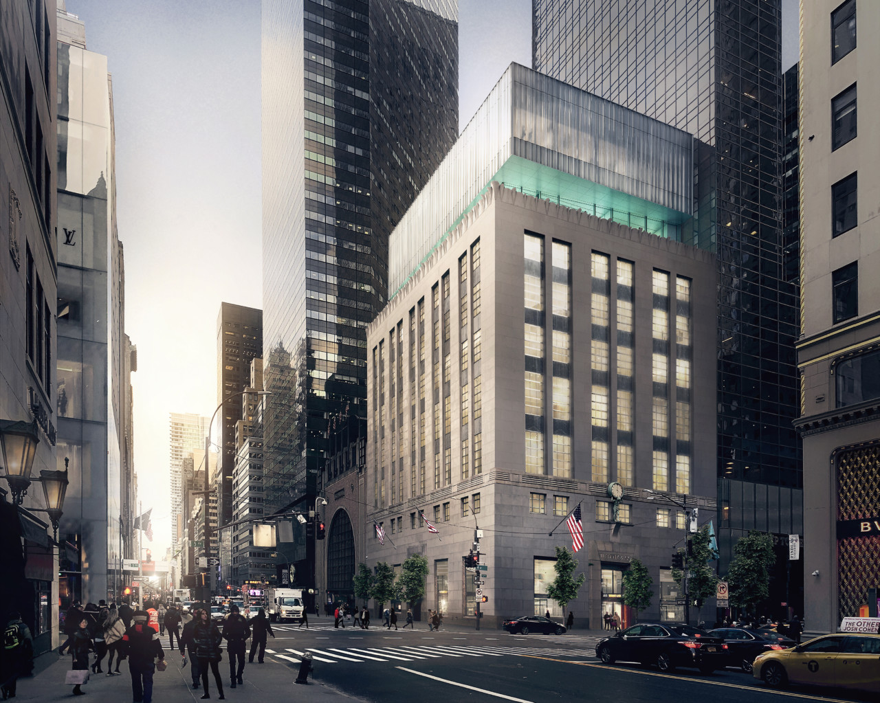 Street view rendering of a textured glass volume above a limestone-clad building in New York