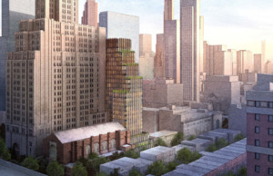 A rendering of the new Brooklyn Music School tower, a 24-story building with vertical striations