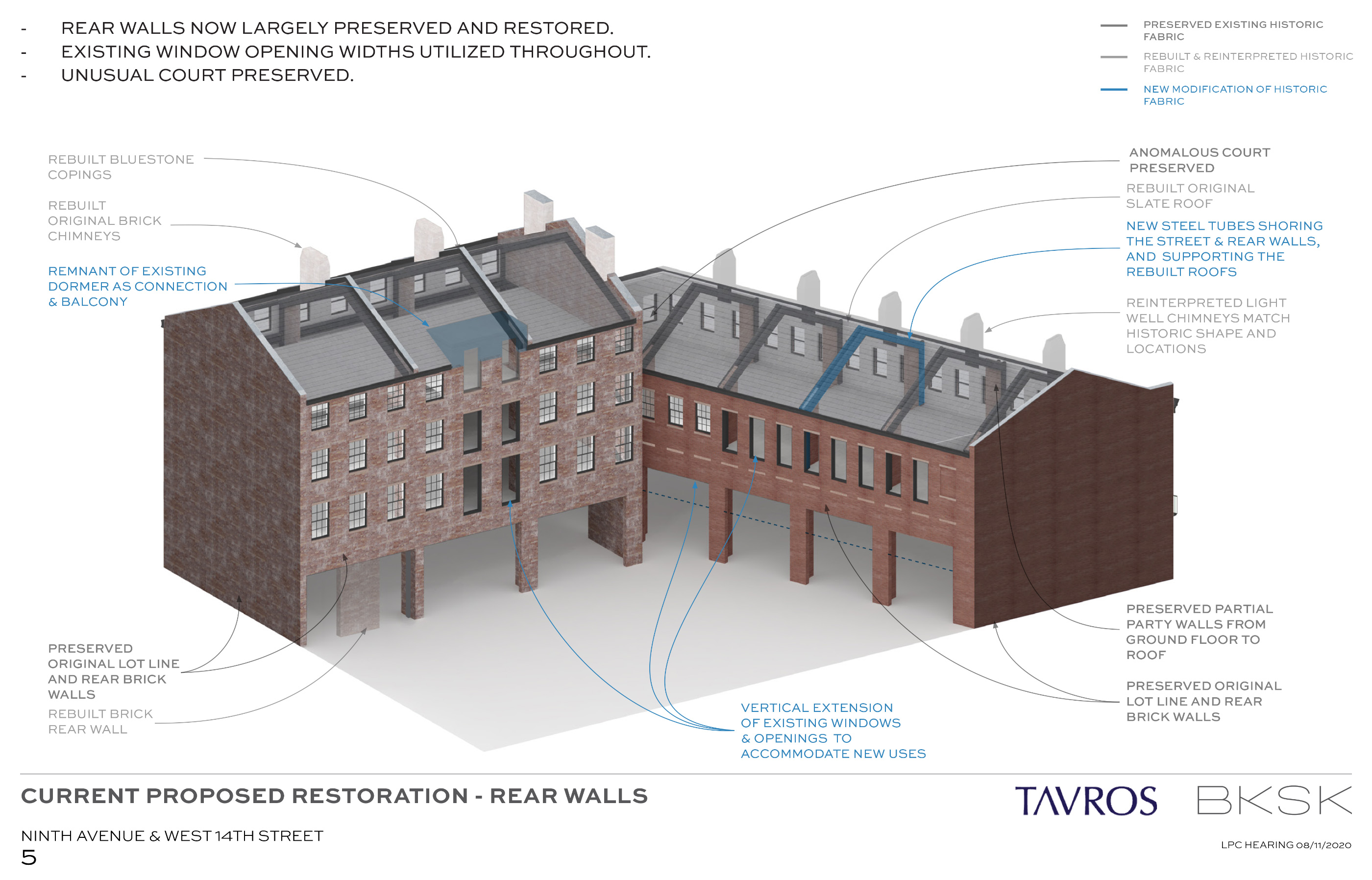 A diagram detailing rear wall restorations in a section of townhouses
