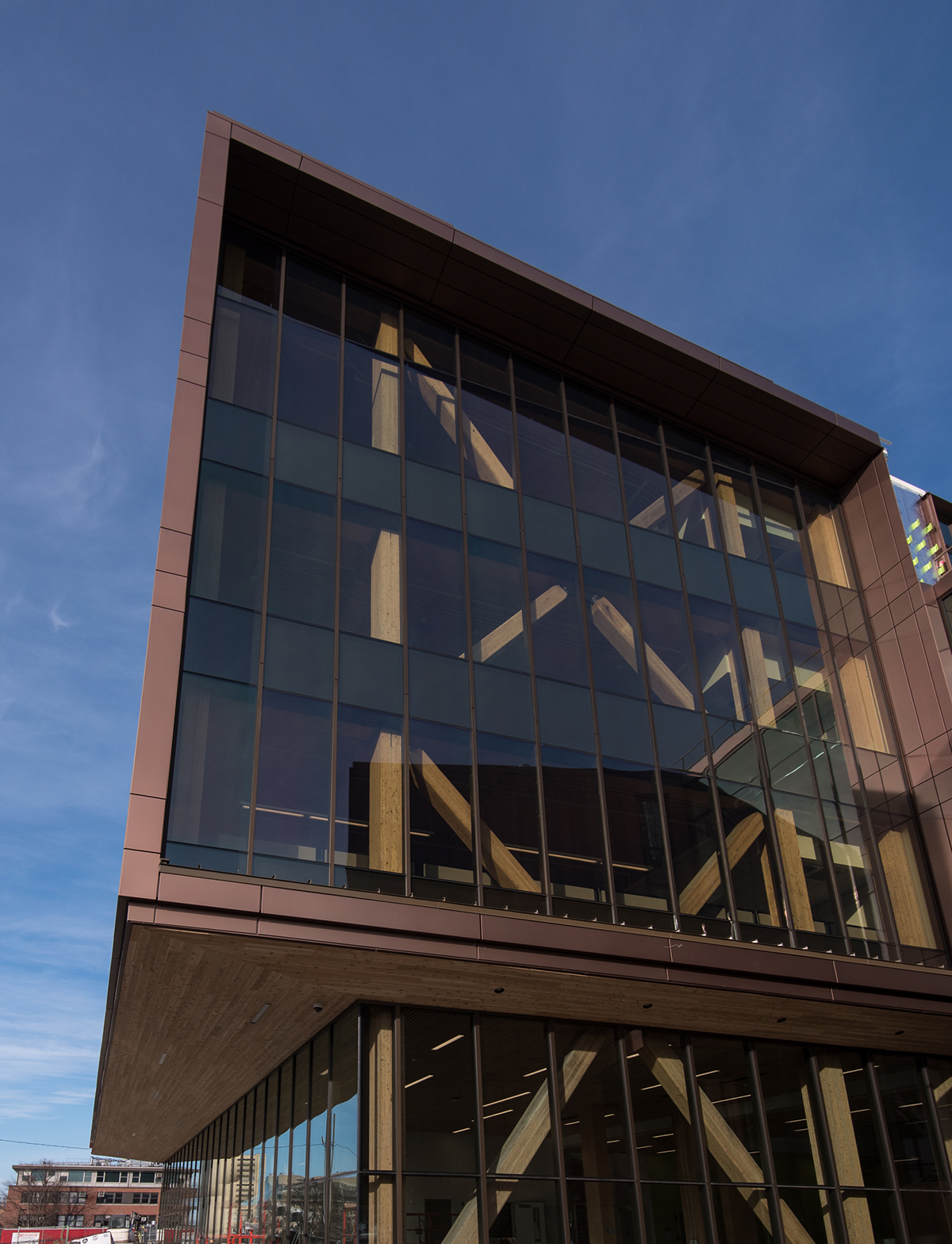 Photo of the glazed facade of the University of Massachusetts, John W. Olver Design Building