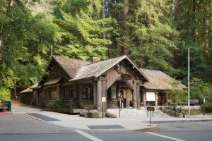 The Headquarters Administration Building, a redwood log cabin in Big Basin