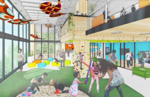 design rendering of a colorful space with adults and children playing