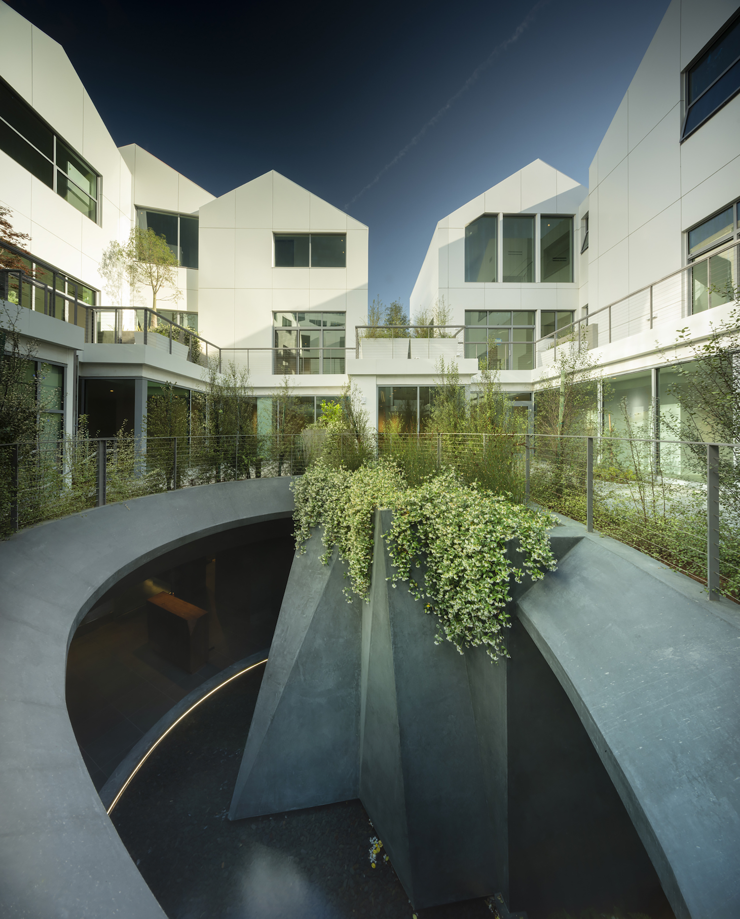 building and plants surrounding a courtyard with a concrete stairwell