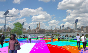 illustration of a colorful riverside park, now renamed after Marsha P. Johnson