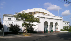 a white stucco building at Michigan State Fairgrounds