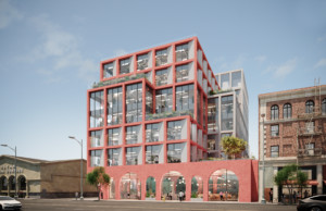 Rendering of 1235 Vine Street, a boxy tower with colonnade out front